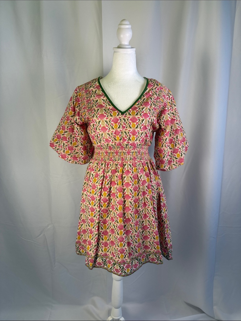 THML Pink Floral V-Neck Smocked Mini Dress with Green Trim
